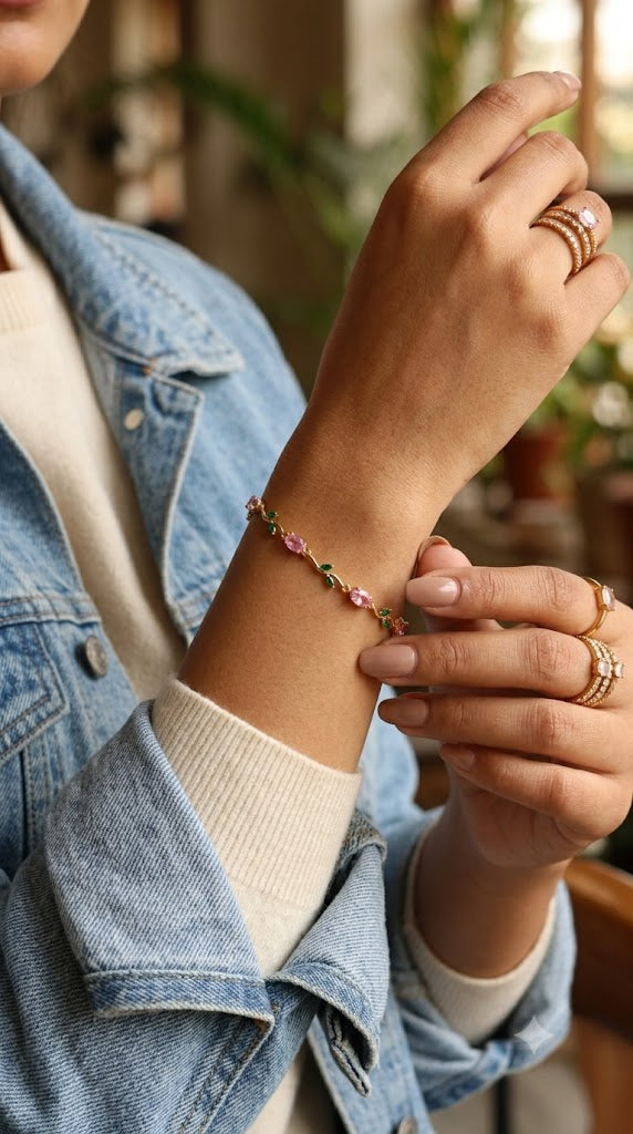 Gold Plated Tulip Red Crystal Bracelet for Women – Gold Plated Floral Bracelet