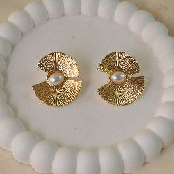 Aurelia Art Deco Fan Stud Earrings (Anti-Tarnish Gold Plated Pearl Studs)
