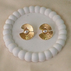 Aurelia Art Deco Fan Stud Earrings (Anti-Tarnish Gold Plated Pearl Studs)