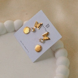 Gold Earring Butterfly Stack Set – 3 Pairs Anti-Tarnish Studs