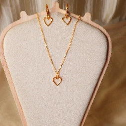 Gold Heart Necklace & Earrings Set – 2-Piece Matching Huggie Hoop Jewelry Combo