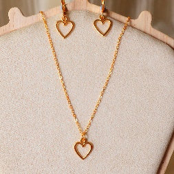 Gold Heart Necklace & Earrings Set – 2-Piece Matching Huggie Hoop Jewelry Combo