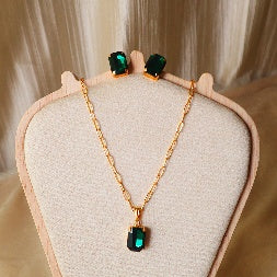 Gold Emerald Green Crystal Necklace & Earrings Set – 2-Piece Gemstone Jewelry Combo