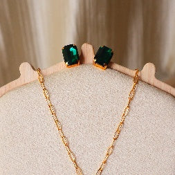 Gold Emerald Green Crystal Necklace & Earrings Set – 2-Piece Gemstone Jewelry Combo