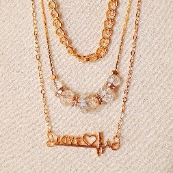 Gold Layered Necklace Set for Women – 3-Piece Love Heartbeat Charm & Crystal Bead Chain Combo