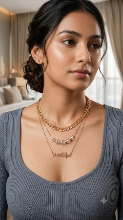 Gold Layered Necklace Set for Women – 3-Piece Love Heartbeat Charm & Crystal Bead Chain Combo