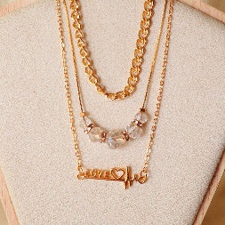 Gold Layered Necklace Set for Women – 3-Piece Love Heartbeat Charm & Crystal Bead Chain Combo