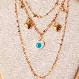 Gold Layered Necklace Set for Women – 3-Piece Evil Eye Heart Charm & Bead Chain Combo