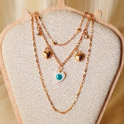 Gold Layered Necklace Set for Women – 3-Piece Evil Eye Heart Charm & Bead Chain Combo