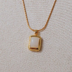 18K Gold Plated White Jade Rectangular Pendant Necklace – Anti-Tarnish Snake Chain