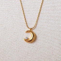 Dainty Gold Celestial Moon Necklace – Tarnish-Free Solitaire Zirconia Charm Jewelry