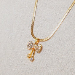 18K Gold Plated Crystal Bow Pendant Snake Chain Necklace – Anti-Tarnish Ribbon Bow Necklace