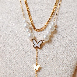 18K Gold Plated Multi-Strand Butterfly Pearl Necklace – Waterproof Daily Wear Jewelry