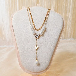 18K Gold Plated Multi-Strand Butterfly Pearl Necklace – Waterproof Daily Wear Jewelry
