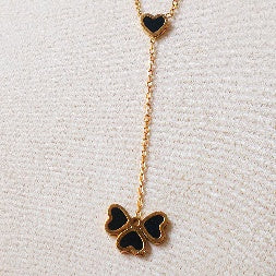 Dainty Gold Heart & Clover V-Necklace – Tarnish-Free Black Dangle Charm