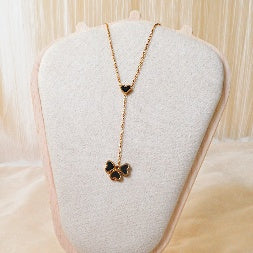 Dainty Gold Heart & Clover V-Necklace – Tarnish-Free Black Dangle Charm