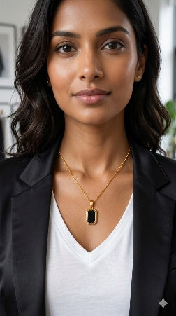 18K Gold Plated Black Onyx Pendant Necklace – Anti-Tarnish Waterproof Rectangle Choker