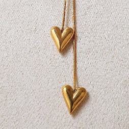 Dainty Gold Dual Puff Heart Charm Necklace – Anti-Tarnish Waterproof Jewelry