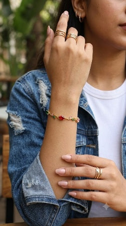 Gold Plated Tulip Red Crystal Bracelet for Women – Gold Plated Floral Bracelet
