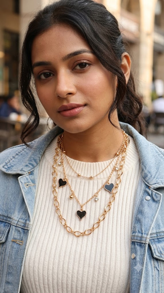 Gold Layered Necklace Set for Women – 3-Piece Black Heart Charm & Chunky Link Chain Combo