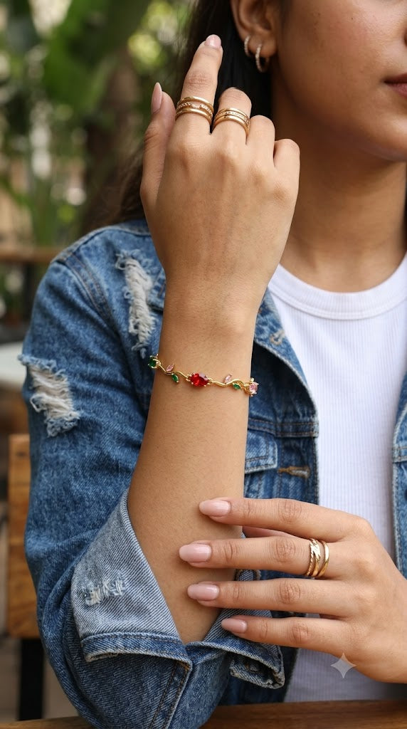Gold Plated Tulip Red Crystal Bracelet for Women – Gold Plated Floral Bracelet