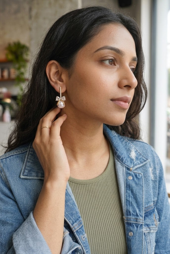 Luxury Pearl Bow Drop Designer Earrings for Women – Crystal Fashion Earrings