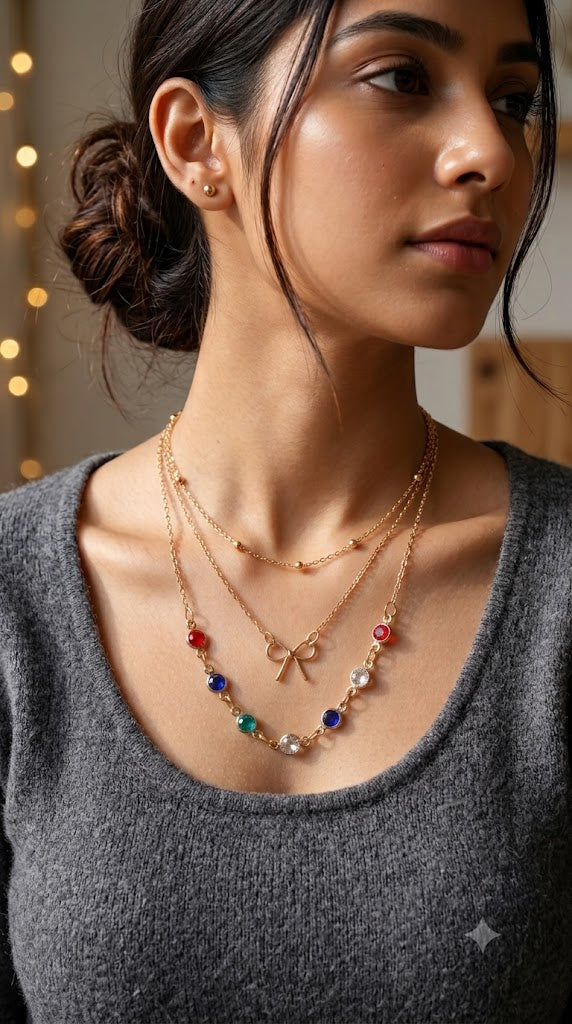 Gold Layered Necklace Set for Women – 3-Piece Multi-Color Crystal & Bow Chain Combo